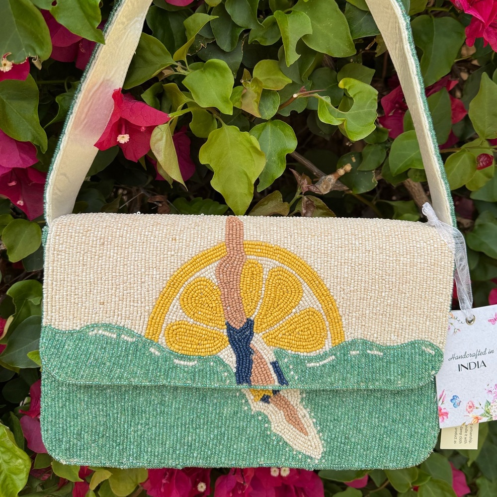NWT Diver Swimmer Lemon Sun Design Beaded Shoulder Bag Staud Tommy Handcrafted